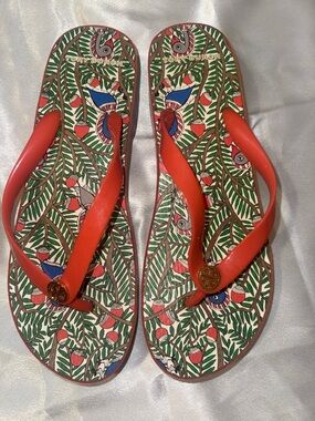 Tory Burch Orange Strap Botanical Print Flip Flops